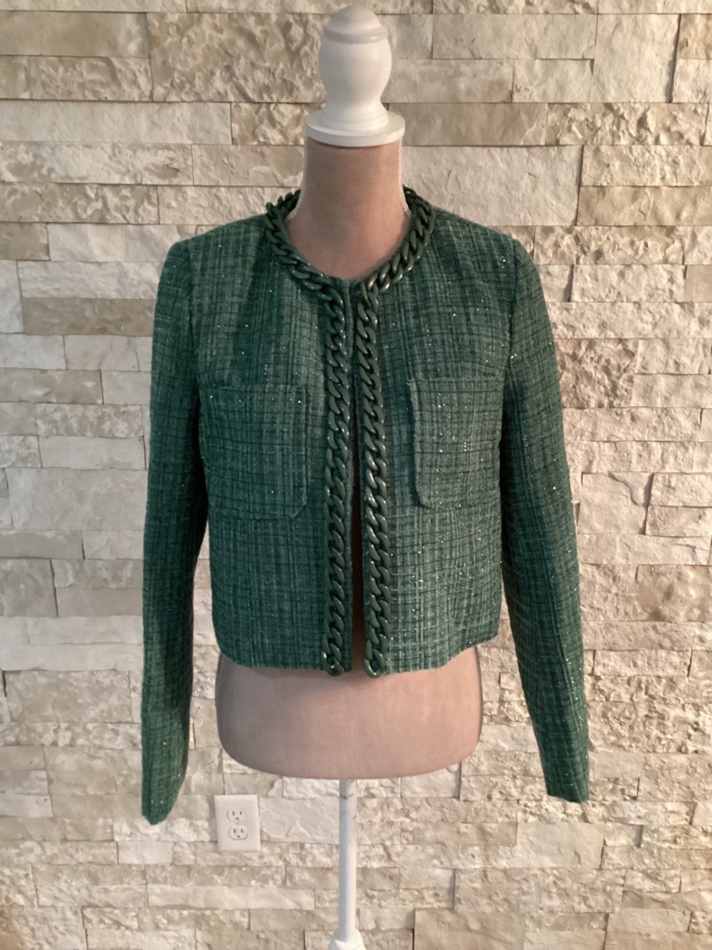 Apeach Green Glitter Tweed Cropped Jacket Chain Trim S